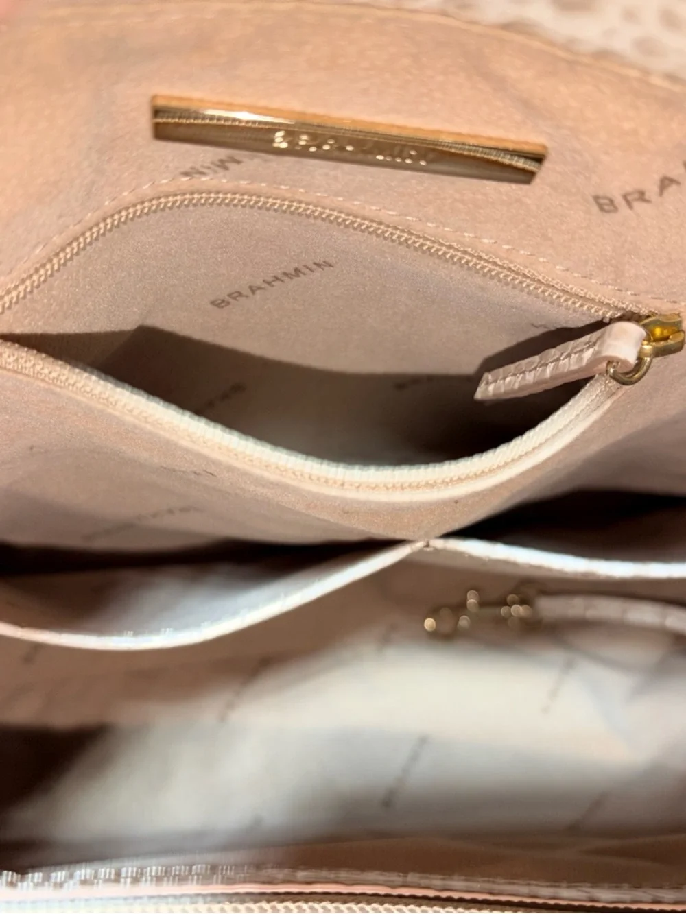 Brahmin Cream Croc-Embossed Leather Satchel with Gold Hardware